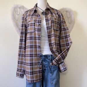 Indie Skater Grunge Plaid Flannel‎ Shirt Button Up Long Sleeve Dad Brown Mustard